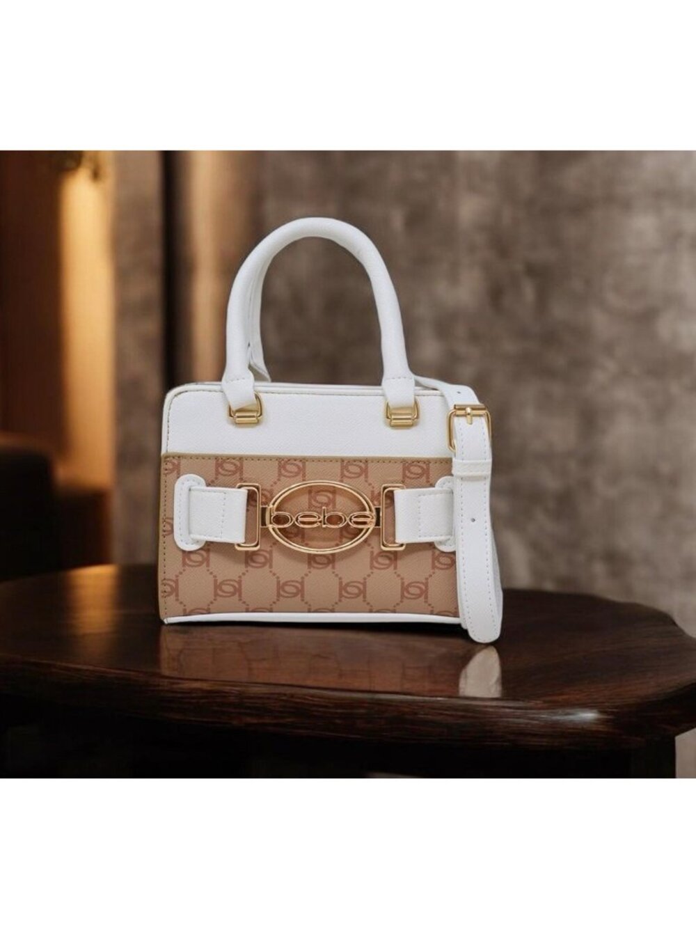 NWT Bebe Leilani Almond White Monogram Mini Satchel Crossbody Bag